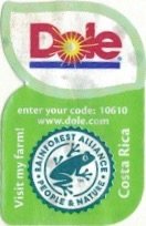 Dole enter your code : 10610 www.dole.com visit my farm! costa rica rainforest alliance people & nature