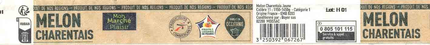 mon marche plaisir melon charentais produit de nos regions produit en occitanie conditionne par : boyer sas 82200 moissac 3250392067267