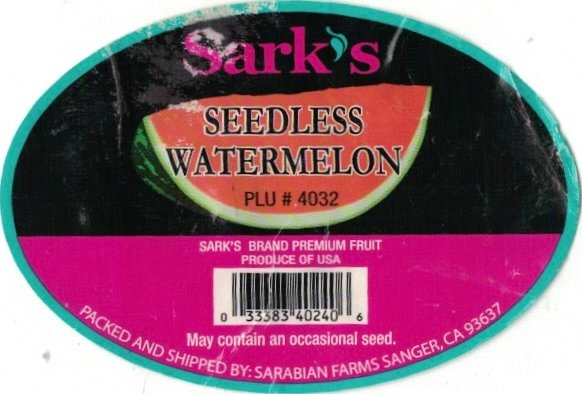Sark s seedless watermelon plu #4032 produce of usa 033383402406 packed and shipped by: sarabian farms sanger ca 93637