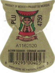 Sandia product of mexico produit du mexique plu 4750 a1162520 acorn squash courge acorn 859295004053  sandia distrs. inc. nogales az 85628