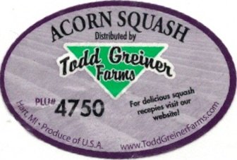 Todd Greiner Farms acorn squash plu #4750 for delicious squash recipes visi our webside hart mi produce of u.s.a. www.toddgreinerfarms.com