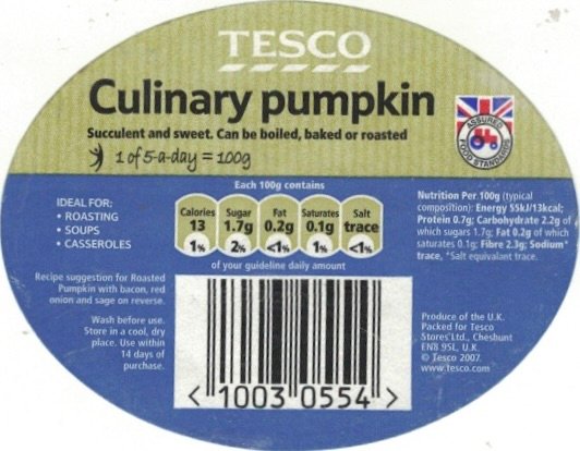 Tesco culinairy pumpkin assured food standards produce of the u.k. 10030554