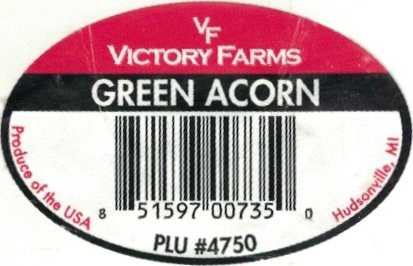Victory Farms vf green acorn produce of the usa hudsonville mi 851597007350 plu #4750