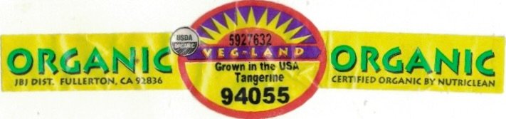 Veg-Land 5927632 usda organic grown in the usa tangerine 94055 organic jbj dist. fullerton ca 92836