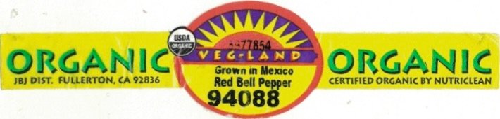 Veg-Land 5977854 usda organic grown in mexico red bell pepper 94088 organic jbj dist. fullerton ca 92836