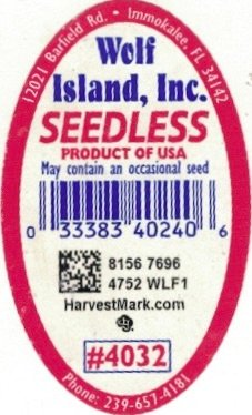 Wolf Island inc. seedless product of usa 033383402406 8156 7696 4752 wlf1 harvestmark.com #4032