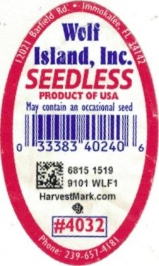 Wolf Island inc. seedless product of usa 033383402406 6815 1519 9101 wlf1 harvestmark.com #4032