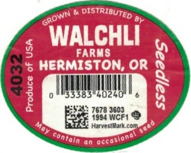 grown & distributed by Walchli Farms or 4032 produce of usa seedless 4032 033383402406 7678 3603 1994 wcf1 harvestmark.com