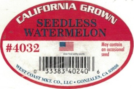 West Coast mkt. co llc california grown seedles watermelon #4032 when foodsafety counts 033383402406