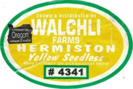Grown & distributed by Walchli Farms a product of oregon landmark of quality hermiston yelloe seedless #4341