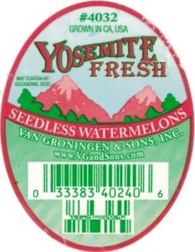 Van Groningen & Sons inc. #4032 grown in ca usa yosemite fresh seedless watermelons 033383402406