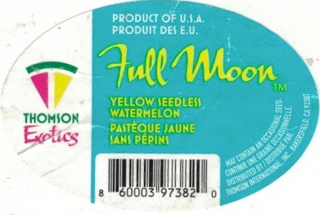 Thomson Exotics product of u.s.a. produit des e.u. Full Moon yellow seedless watermelon pasteque jaune sans pepins 860003973820