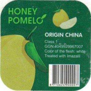honey pomelo origin china class 1 ggn: 4049929969007 color of the flesh: white treted with imazalil 8710624900007