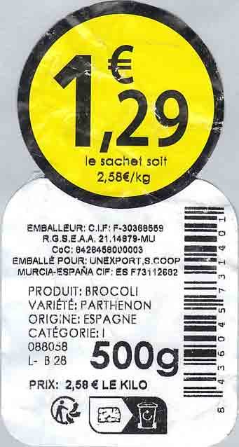 1,€29 produit : brocoli variete : parthenon 500 g cat.I origine : espagne 8436045731401
