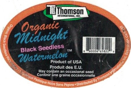 Thomson international inc. organic midknight black seedless watermelon 860006658229 product of usa produit des e.u.