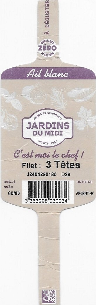 Jardins du midi ail blanc filet 3 tetes 3363298030034origine argentine
