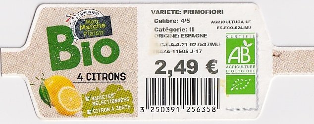Mon marché plaisir bio 4 citrons certifie ab 3250391256358 origine espagne 2,49€