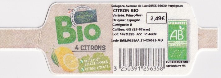 Mon marché plaisir bio 4 citrons certifie ab 3250391256358 origine espagne 2,49€