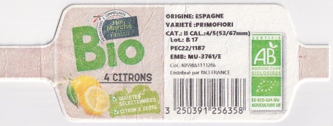 Mon marché plaisir bio 4 citrons certifie ab 3250391256358 origine espagne