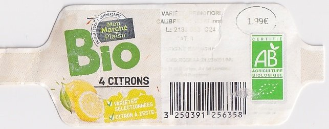 Mon marché plaisir bio 4 citrons certifie ab 3250391256358 origine espagne 1,99€