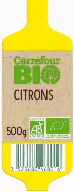 Carrefour bio citrons 500g 3523680468016 certifie par es eco 024 mu