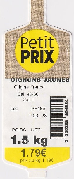 Petit prix oignons jaunes origine france 1.79 € 1.5kg