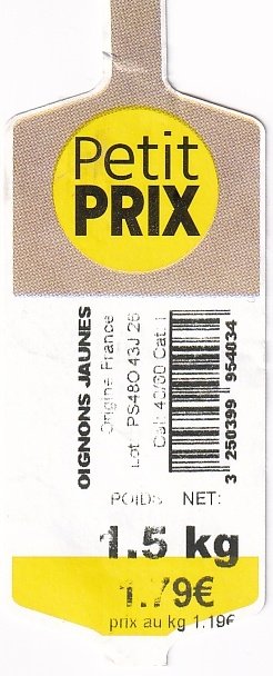 Petit prix oignons jaunes origine france 1.79 € 1.5kg