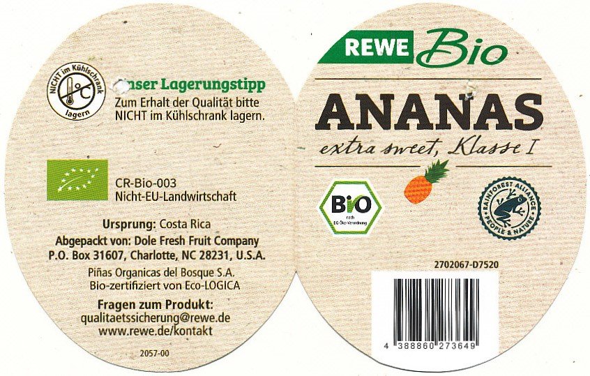 Rewe bio ananas extra sweet klasse I 4388860273649 ursprung costa rica