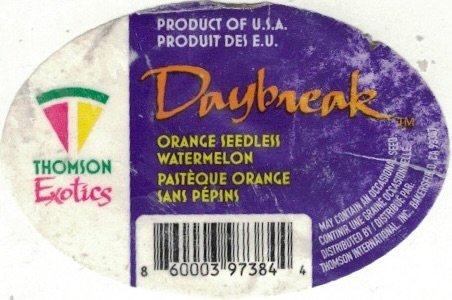 Thomson Exotics product of u.s.a. produit des e.u. daybreak orange seedless watermelon 860003973844