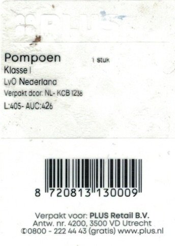 Plus pompoen klasse 1 lvo Nederland 872813130009