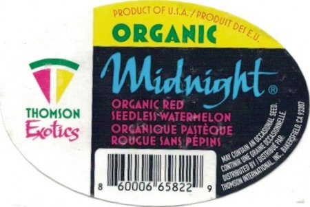 Thomson Exotics product of u.s.a. produit des e.u. organic midknight organic red seedless watermelon 860006658229