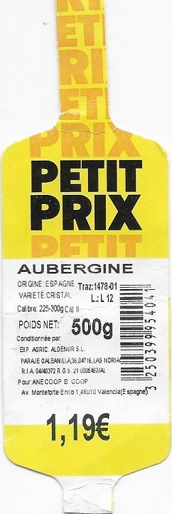 Petit prix aubergine origine espagne 500g 3250399954041