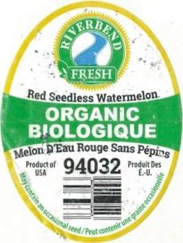 Riverbend Fresh red seedless watermelon organic biologique melon de eau rouge sans pepins product of usa 94032 produit de e-u.