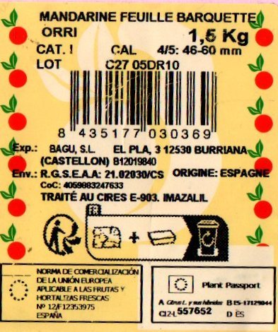mandarine feuille barquette orri origine espane
