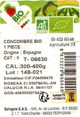 bouquet bio concombre bio origine espagne cal:300-400g 8412276655440