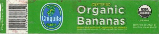 Chiquita #94011 certified organic bananas usda organic 074904100012