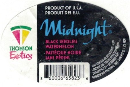 Thomson Exotics product of u.s.a. produit des e.u. midknight black seedless watermelon pasteque noire sans pepins 86000665823
