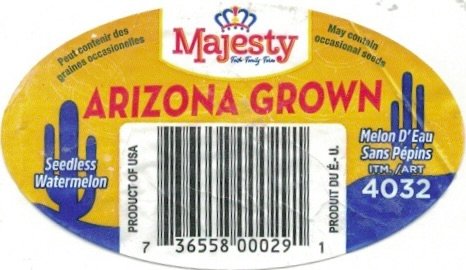 Majesty faith family farm arizona grown seedless watermelon melon d eau sans pepins itm. art 4032 product of usa porduit du e.-u. 73655800029