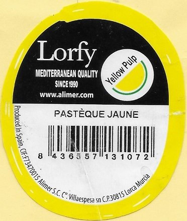 Lorfy mediterranean quality since 1990 www.alimer.com yellow pulp pasteque jaune 8436557131072 produced in spain
