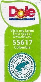 Dole visit my farm! enter code at www.dole.eu 55617 colombia rainforest alliance people & nature