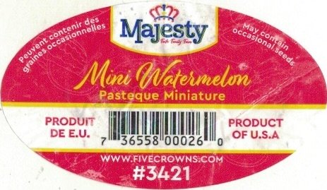 Majesty mini watermelon pasteque miniature produit de e.u. product of u.s.a. 736558000260 www.fivecrowns.com #3421