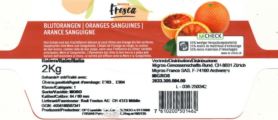 Migros fresca blutorangen oranges sanguines arance sanguigne  Mcheck 7610200501462