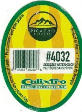 Picacho Farmers product of mexico #4032 seedless watermelon pasteque sans pepins 033383402406 calixtro distributing inc.