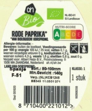AH bio rode paprika van biologische oorsprong land van oorsprong: spanje 8710400221012