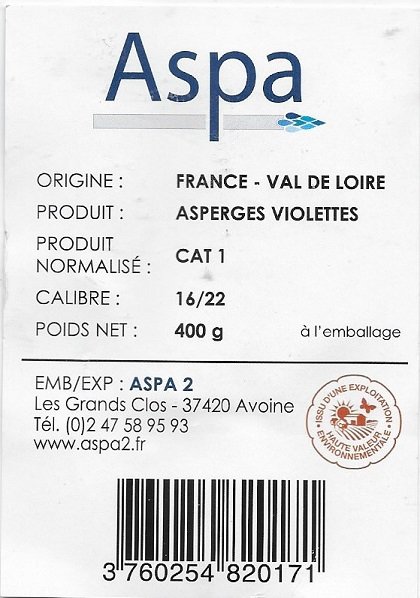 Aspa origine france asperges violettes 400 g 3760254820171