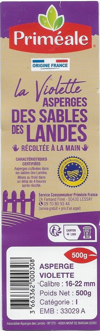 Primeale origine france la violette asperges des sables des landes 3663362000308