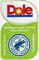 Dole enter your code : 55108 www.dole.com visit my farm! colombia rainforest alliance people & nature