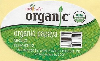 Melissa s organic usda organic papaya mexico plu #93112 distribued by world varuety produce inc