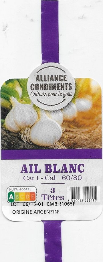 Alliance condiments ail blanc 3 tetes  3770012259174  origine argentine