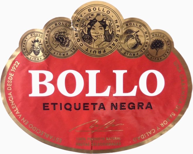 Bollo etiqueta negra 100% producto natural frutas seleccionadas garantia de sabor y calidad establecido en valencia desde 1922